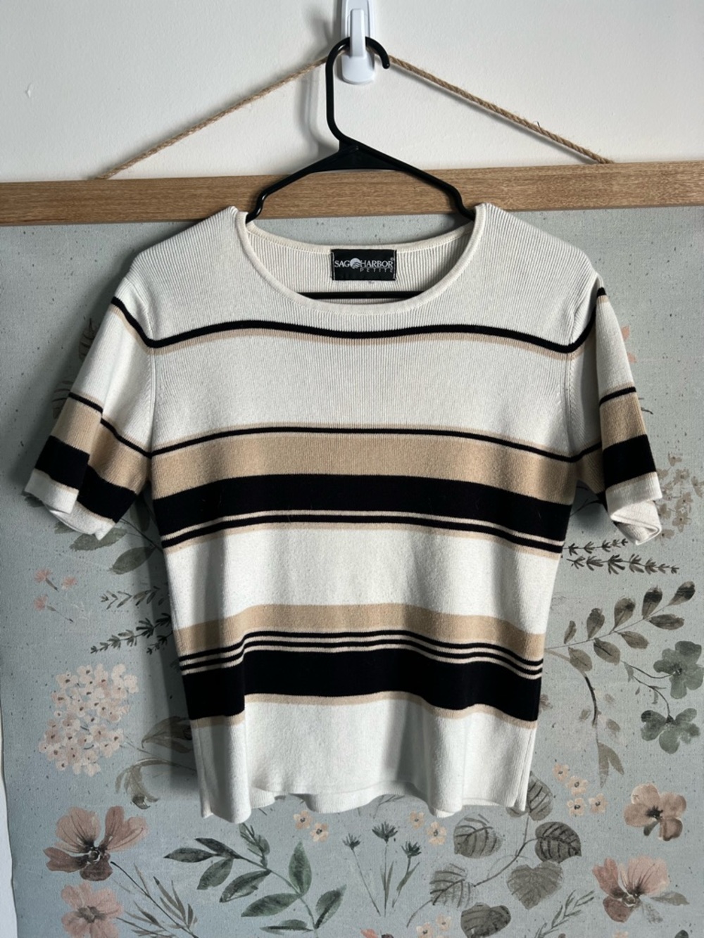 Sag Harbor Cream, Black & Tan Striped Short Sleeve Knit Top